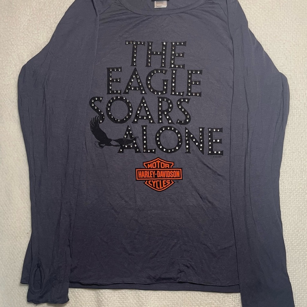 Vintage Women’s Harley-Davidson Grey Long Sleeve Tee Eagle Graphic stud letters